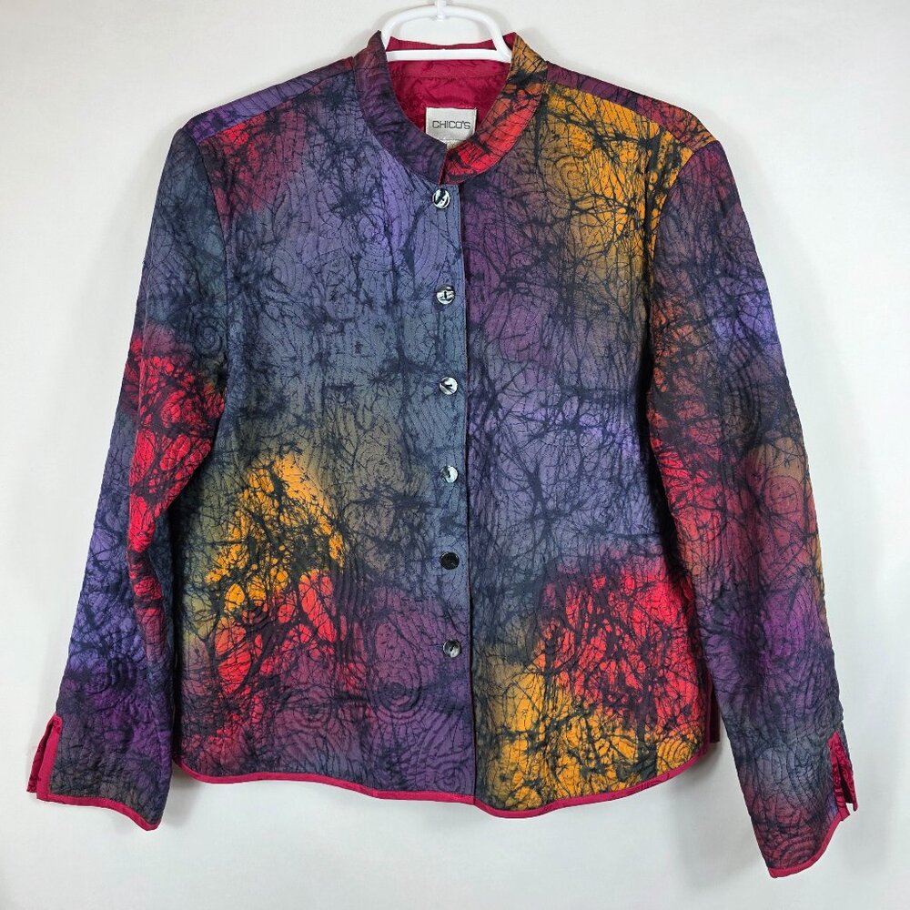 Chico's Quilted Silk Blazer Jacker Women's Size Medium Colorful Abstract Design